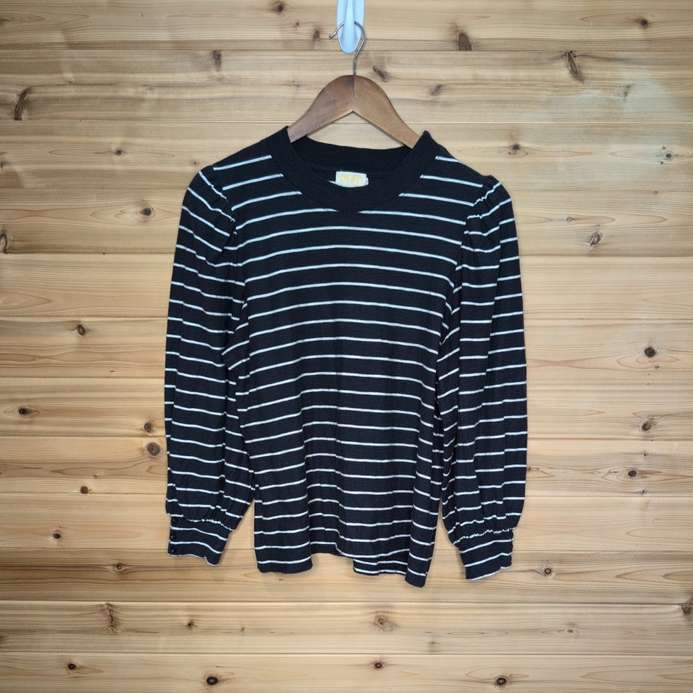 Nation LTD Navy White Striped Pima Cotton Puff Sleeve Top 1381RSST Women Large